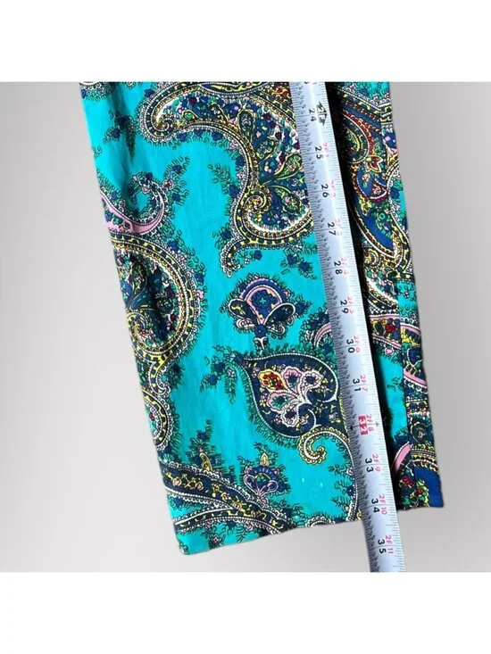 Talbots Size 4 Turquoise Blue Paisley Print Flat Front Slim Cropped Capri Pants - Picture 6 of 10